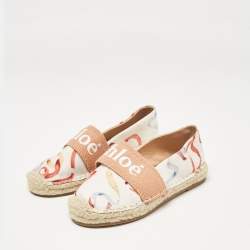 Pre Owned Chloé White/Brown Printed Fabric Woody Espadrille Flats Size 30 (kids)