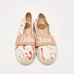 Pre Owned Chloé White/Brown Printed Fabric Woody Espadrille Flats Size 30 (kids)