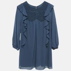 Chloe Blue Crepe Ruffled Lace Overlay Detail Dress 10 Yrs