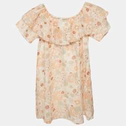 Pre Owned Chloe Kids Orange/Multicolor Floral Print Cotton Off-Shoulder Dress 10 Yrs