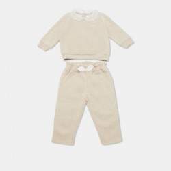 Chloe Kids Beige Lace Trim Collar Cotton Top and Pants Set 12M
