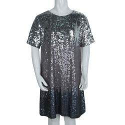 Pre Owned Chloe Silver Ombré All Over Sequin Embellished Short Sleeve Dress 10 Yrs