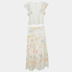 Pre Owned طقم بلوزة وتنورة كلوي أطفال أبيض بطبعة شجرة النخيل قطن بكشكش 10 سنوات