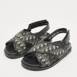 Pre Owned Dior Size 24 Beige/Black Oblique Canvas and Leather Flat Sandals