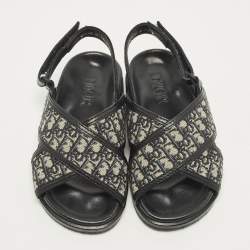 Pre Owned Dior Size 24 Beige/Black Oblique Canvas and Leather Flat Sandals