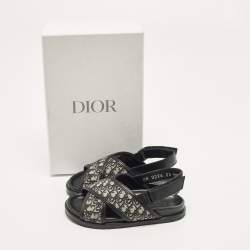 Pre Owned Dior Size 24 Beige/Black Oblique Canvas and Leather Flat Sandals