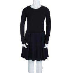 Pre Owned Dior Black Wool and Jersey Box Pleat Detail Long Sleeve Dress 10 Yrs