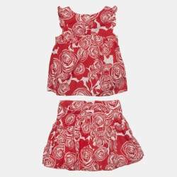 Pre Owned Christian Dior Kids Red Floral Print Cotton Set 3Yrs/4Yrs 