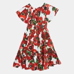 Pre Owned Dolce & Gabbana Red Floral Print Poplin Tiered Dress 24-30 M