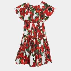 Pre Owned Dolce & Gabbana Kids Red Floral Print Poplin Tiered Dress 24-30 M