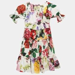 مملوكة مسبقًا Dolce & Gabbana Kids White/Red Floral Print Poplin Tiered Dress 4 Yrs