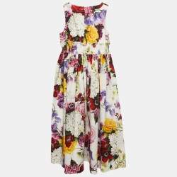 Dolce & Gabbana Kids White/Red Floral Print Poplin Shirring Midi Dress 11/12 Yrs