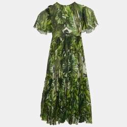 Pre Owned Dolce & Gabbana Green Tropical Print Silk Flounce Dress 7/8 Yrs