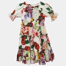Dolce & Gabbana Kids White Floral Print Cotton Tiered Dress 4 Yrs