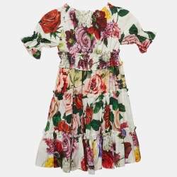 Dolce & Gabbana Kids White Floral Print Cotton Tiered Dress 4 Yrs
