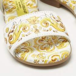Pre Owned Dolce & Gabbana Yellow/White Majolica Print Leather Flat Sandals Size 21