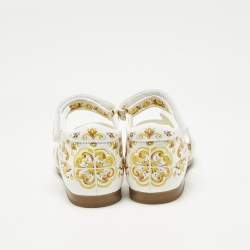 Pre Owned Dolce & Gabbana Yellow/White Majolica Print Leather Flat Sandals Size 21