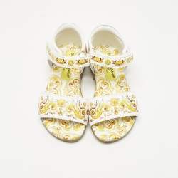 Pre Owned Dolce & Gabbana Yellow/White Majolica Print Leather Flat Sandals Size 21
