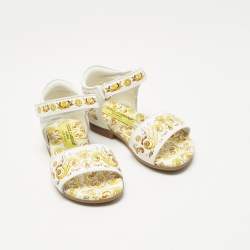 Pre Owned Dolce & Gabbana Yellow/White Majolica Print Leather Flat Sandals Size 21