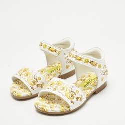Pre Owned Dolce & Gabbana Yellow/White Majolica Print Leather Flat Sandals Size 21