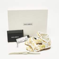 Pre Owned Dolce & Gabbana Yellow/White Majolica Print Leather Flat Sandals Size 21