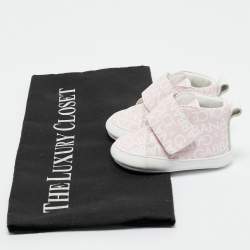 Pre Owned Dolce & Gabbana Pink/White Logo Print Leather Mid Top Sneakers Size 16