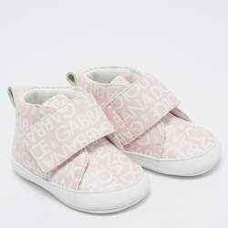 Pre Owned Dolce & Gabbana Pink/White Logo Print Leather Mid Top Sneakers Size 16