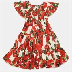 Pre Owned Dolce & Gabbana Kids Red Floral Print Poplin Tiered Dress 24-30M