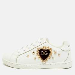 Pre Owned Dolce & Gabbana Size 30 White Leather Embellished Heart Portofino Sneakers