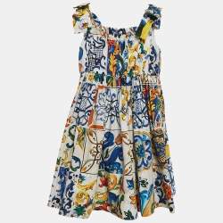 Pre Owned Dolce & Gabbana Kids White/Multicolor Majolica Print Cotton Dress 4 Yrs