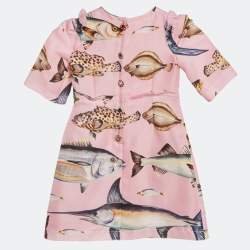 Pre Owned Dolce & Gabbana Kids Pink Fish Print Silk Floral Applique Detail Dress 4 Yrs