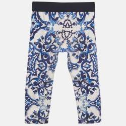 Pre Owned Dolce & Gabbana Kids White/Blue Printed Cotton Knit Pants 2 Yrs