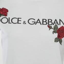 Pre Owned Dolce & Gabbana Kids White Logo Print Cotton Rose Applique Detail T-Shirt 12+ Yrs