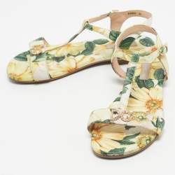Pre Owned Dolce & Gabbana Multicolor Lemon Print Fabric T strap Flat Sandals Size 34