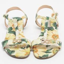 Pre Owned Dolce & Gabbana Multicolor Lemon Print Fabric T strap Flat Sandals Size 34