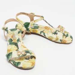 Pre Owned Dolce & Gabbana Multicolor Lemon Print Fabric T strap Flat Sandals Size 34