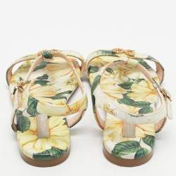Pre Owned Dolce & Gabbana Multicolor Lemon Print Fabric T strap Flat Sandals Size 34