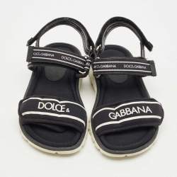 Pre Owned Dolce & Gabbana Black Fabric and Leather DNA Logo Strap Sandals Size 31