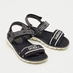 Pre Owned Dolce & Gabbana Black Fabric and Leather DNA Logo Strap Sandals Size 31