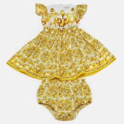 Pre Owned Dolce & Gabbana Kids Yellow Majolica Print Cotton Dress & Shorts Set 12/18 Months 