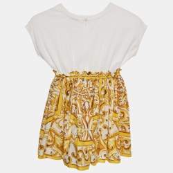 مملوكة مسبقًا فسـتان دولتشي آند غابانا لـلأطفال أبيض/أصفر بطبعة ماجوليكا قطني 4 سنوات