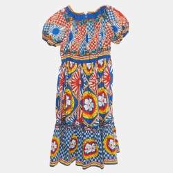 Pre Owned فساتين دولتشي أند غابانا متعددة الألوان بطبعة كاريتو قطن بأكمام منفوخة 11/12 سنة