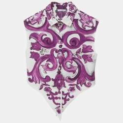 Pre Owned تنورة وبلوزة قطنية للأطفال دولتشي وغابانا بيضاء بطبعة ماجوليكا 9/10 سنة