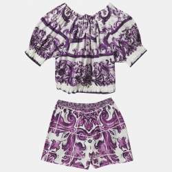 Pre Owned Dolce & Gabbana Kids White/Purple Majolica Print Cotton Top & Shorts Set 9/10 Yrs