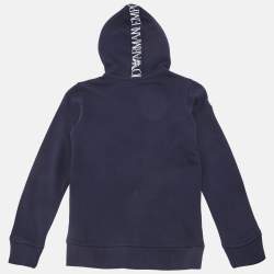Pre Owned Emporio Armani Kids Navy Blue Logo Trim Cotton Knit Hooded Jacket 8 Yrs
