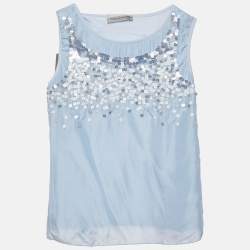 Ermanno Scervino Blue Sequin Crepe and Cotton Knit Sleeveless Top 10 Yrs