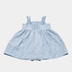 Pre Owned Fendi Kids Blue Logo Print Chambray Ruffled Detail Dress 6 Months 