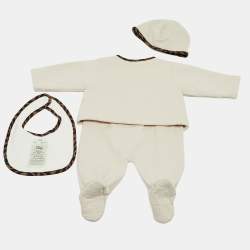 Pre Owned Fendi Beige FF Embossed Cotton Babygrow Set 3M
