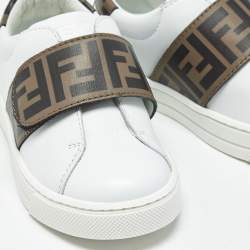 Pre Owned Fendi Brown/White Zucca Leather Logo Strap Sneakers Size 24