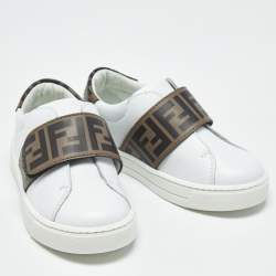 Pre Owned Fendi Brown/White Zucca Leather Logo Strap Sneakers Size 24